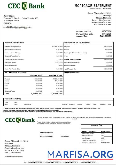 Downloadable Romania CEC bank mortgage statement in Word and PDF formats real example